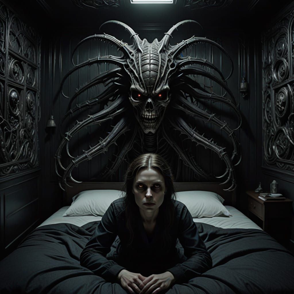 Hyper-Realistic Nightmare Manifestation in Darkened Bedroom