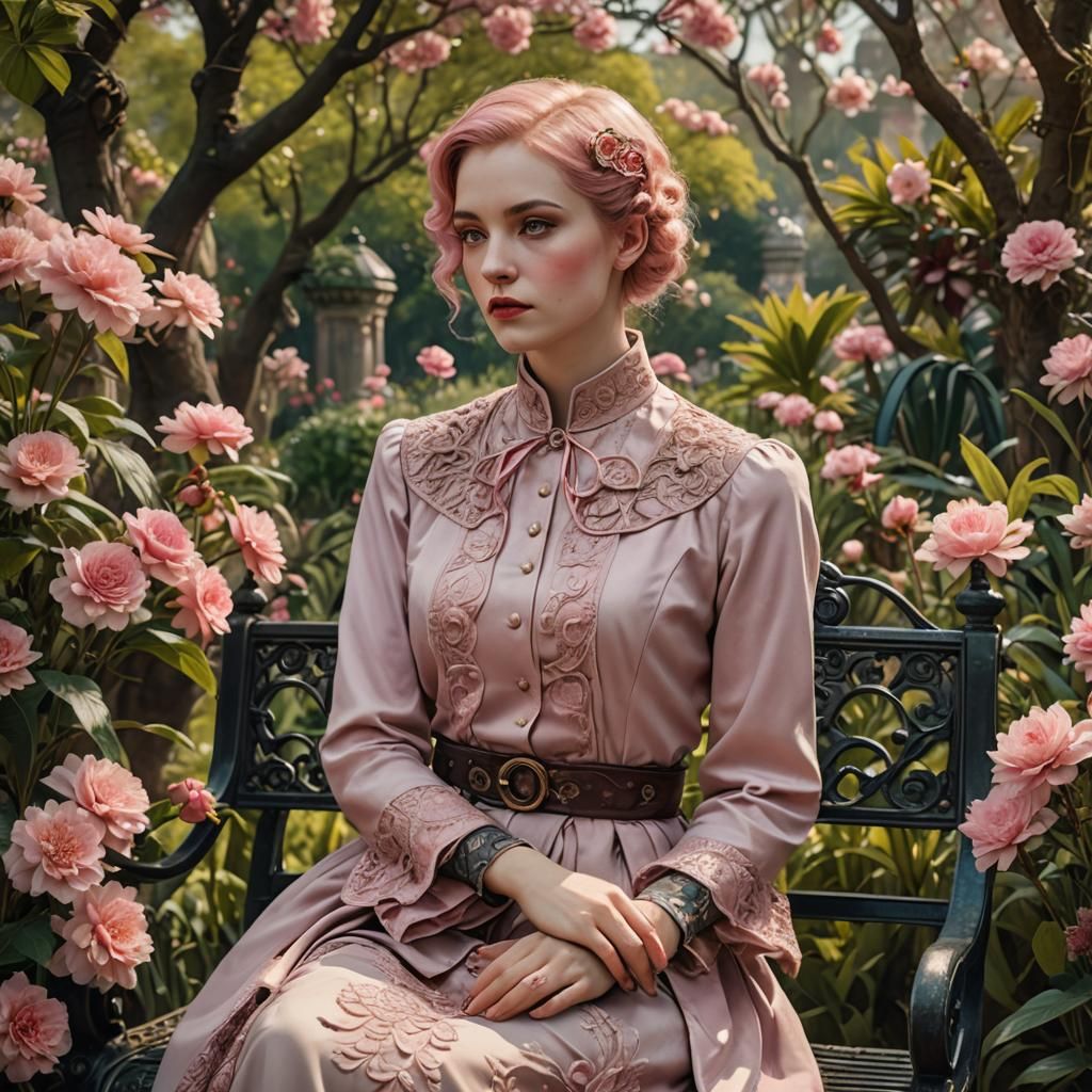 Steampunk Beauty in Botanical Garden: Hyperrealistic Portrai...