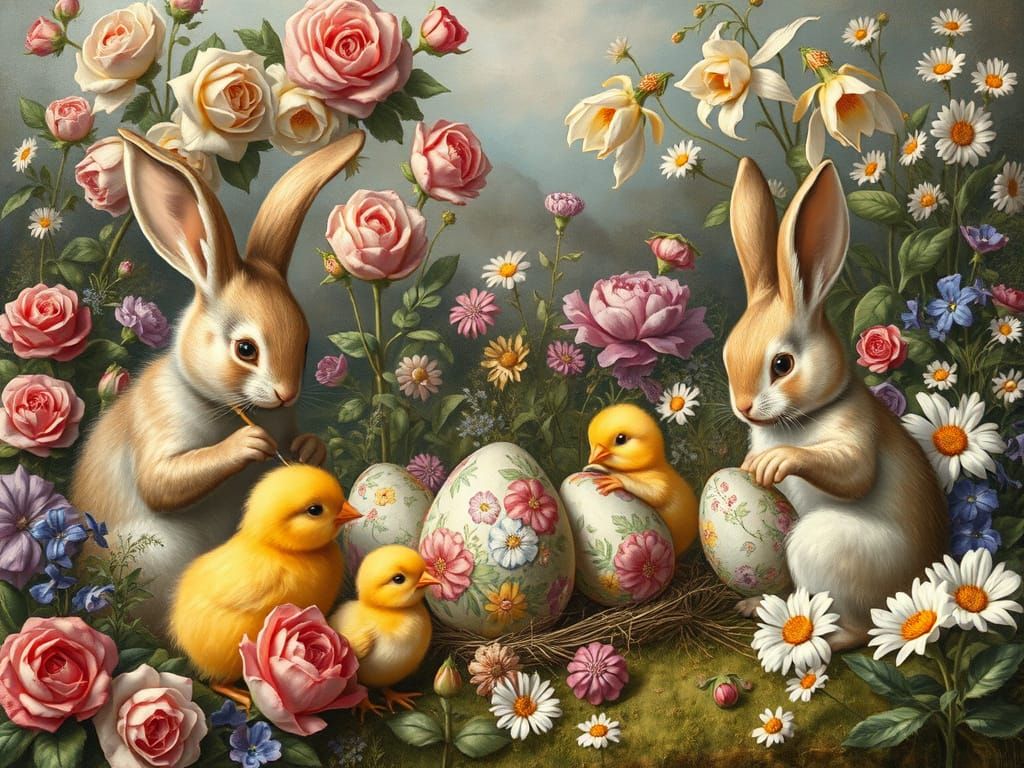 Easter Bunnies and Chicks Painting Eggs in Renaissance Style