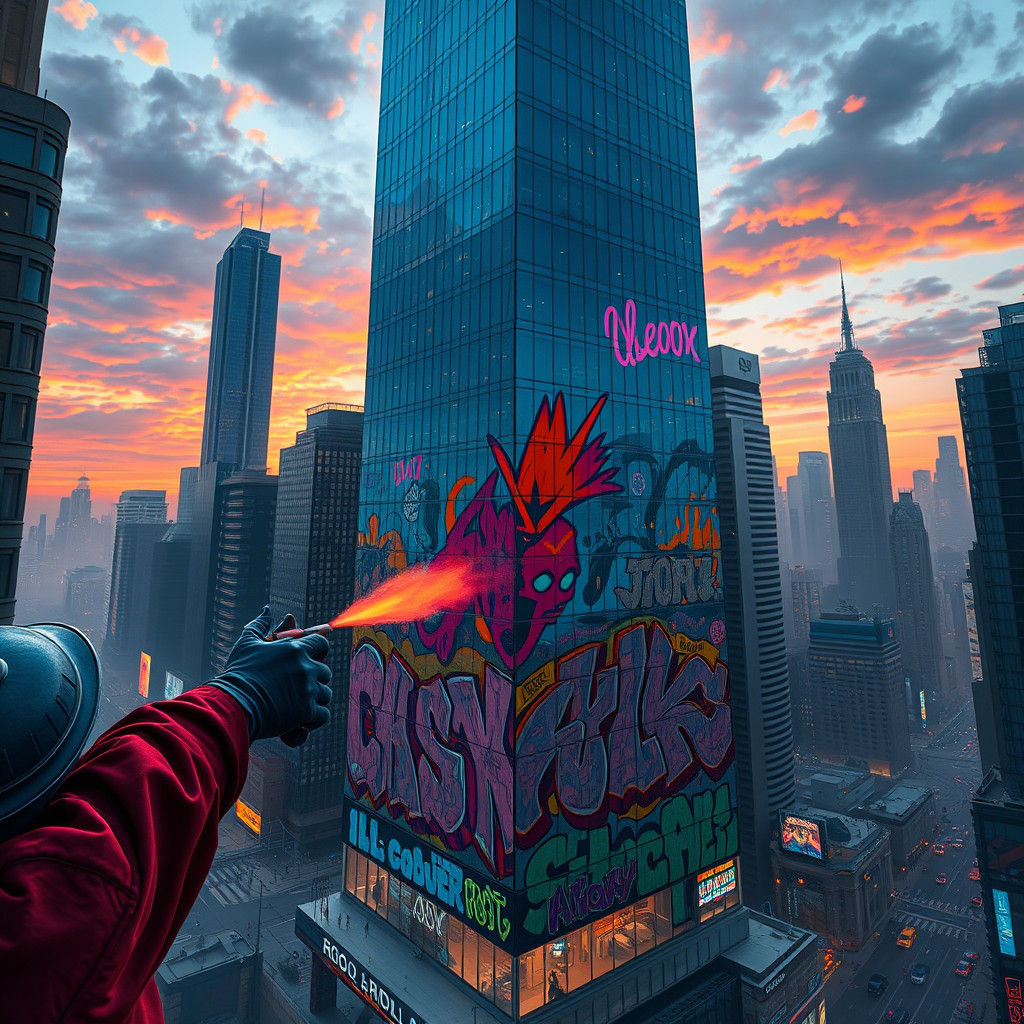 Graffiti Artists Spray Skyscraper Facade at Dusk