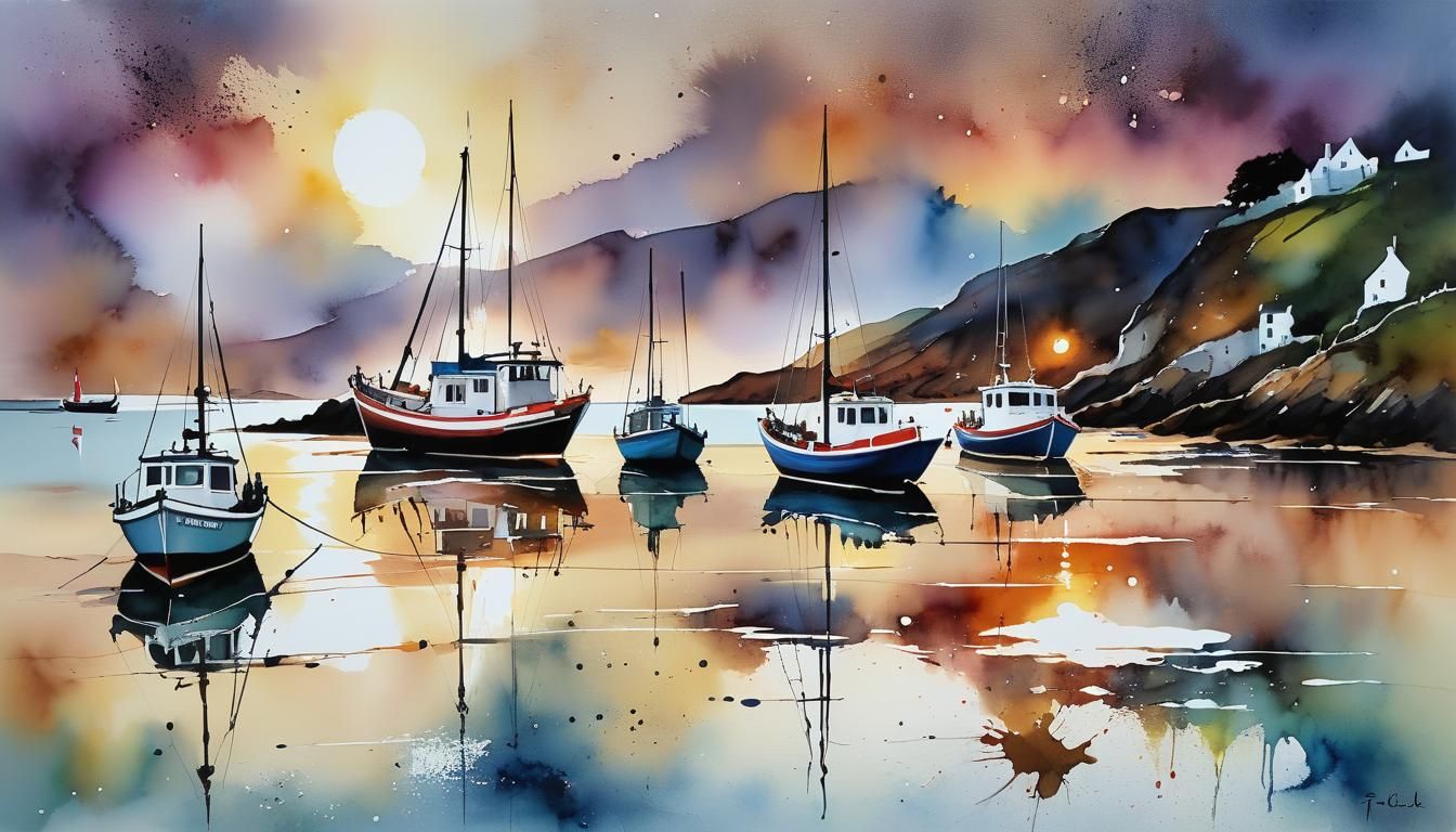 Cornish Cove Fishing Boats in Watercolor and Ink