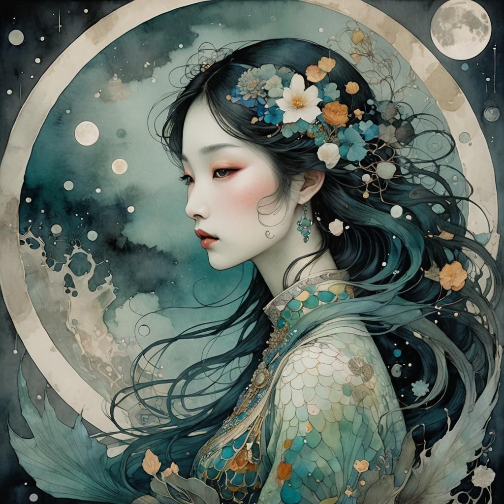 Mystical Asian Mermaid Under Full Moon