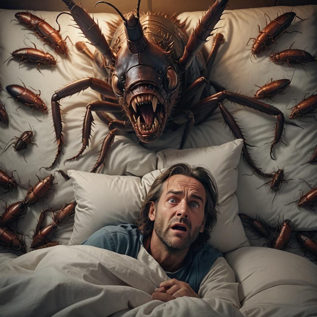 Man's Terror: Roach Crawling on Face, Digital Art