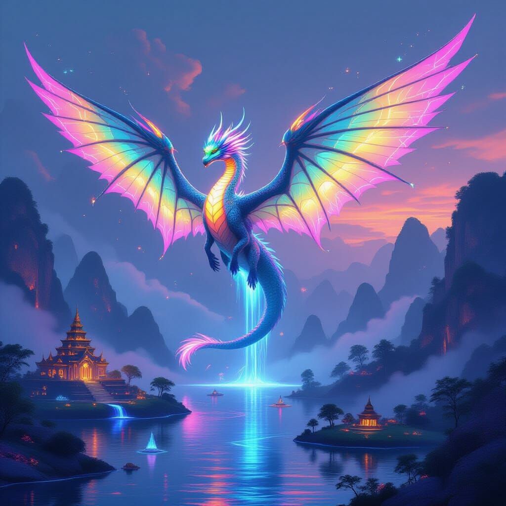 Dragon With Lotus Wings and Miniature Worlds