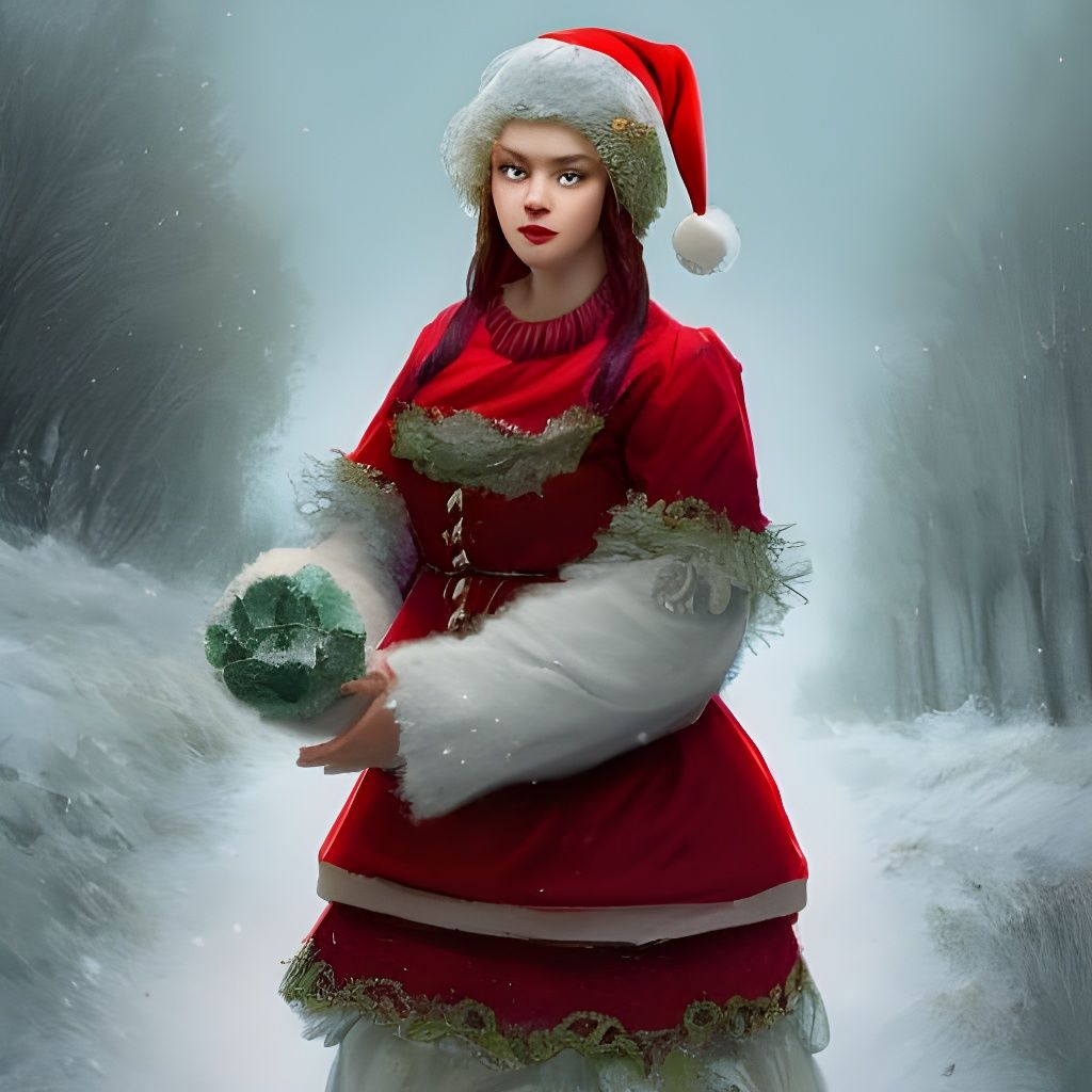 Ornate Portrait of Mrs. Claus on Snowy Street