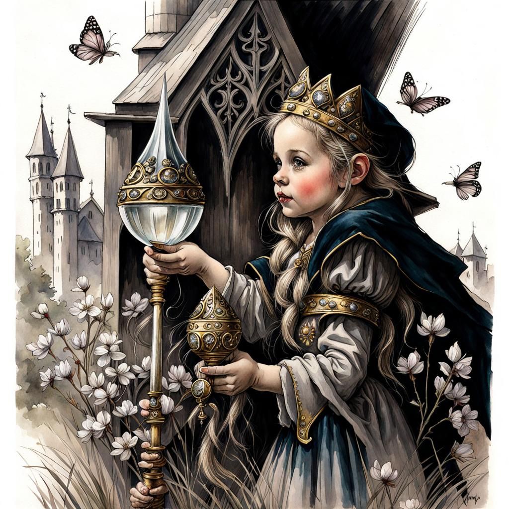 Gothic Gnome Princess Portrait in Ink and Color Wash