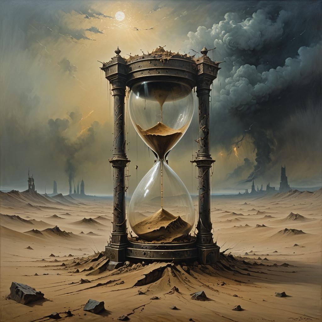 Decaying Hourglass in Post-Apocalyptic Oil Painting