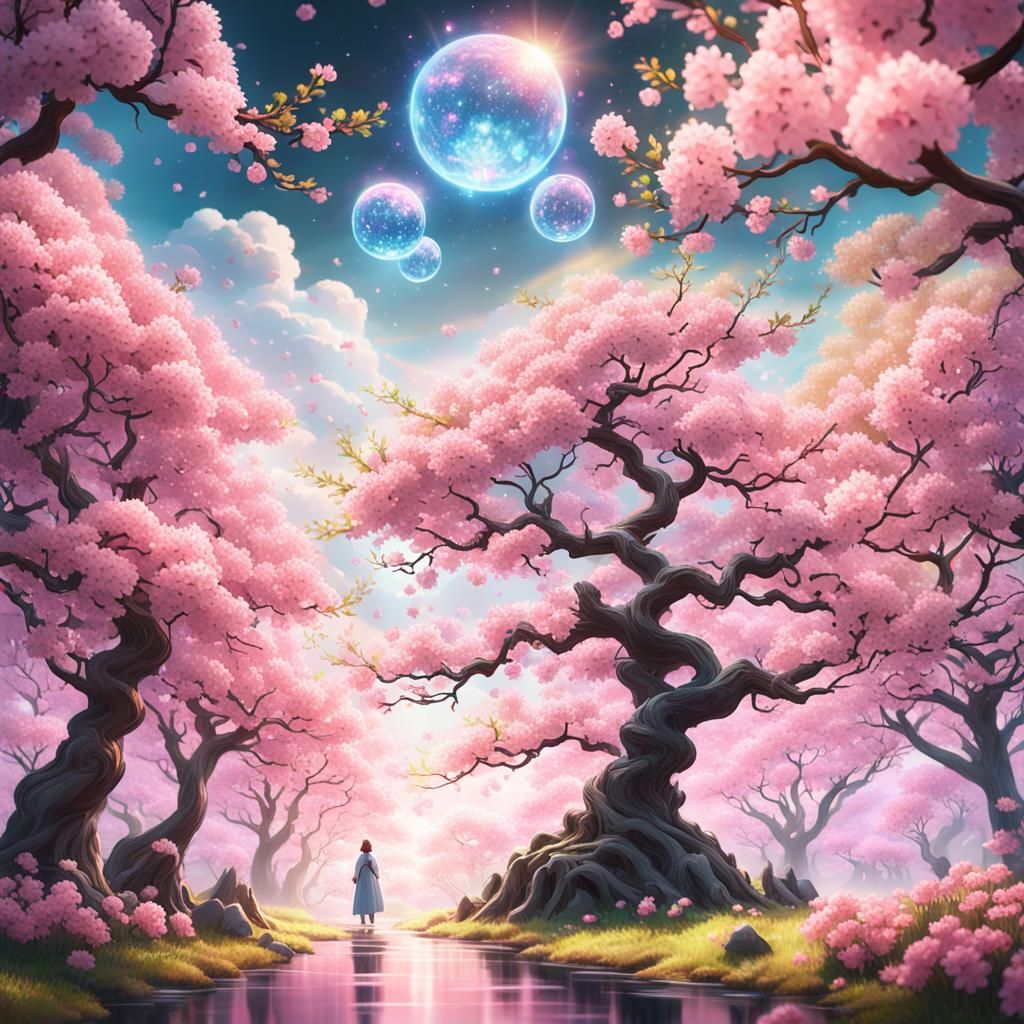 Sakura Orb in Dreamlike Forest, Digital Matte Painting