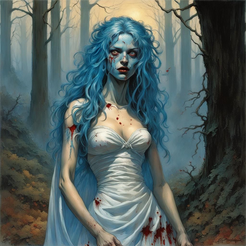 Blue-Haired Zombie Bride in Graveyard, Comic Book Art