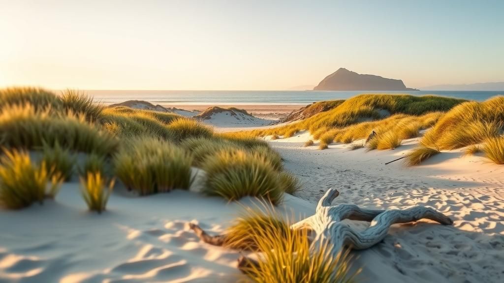 New Zealand Coastline with Dunes in Golden Light