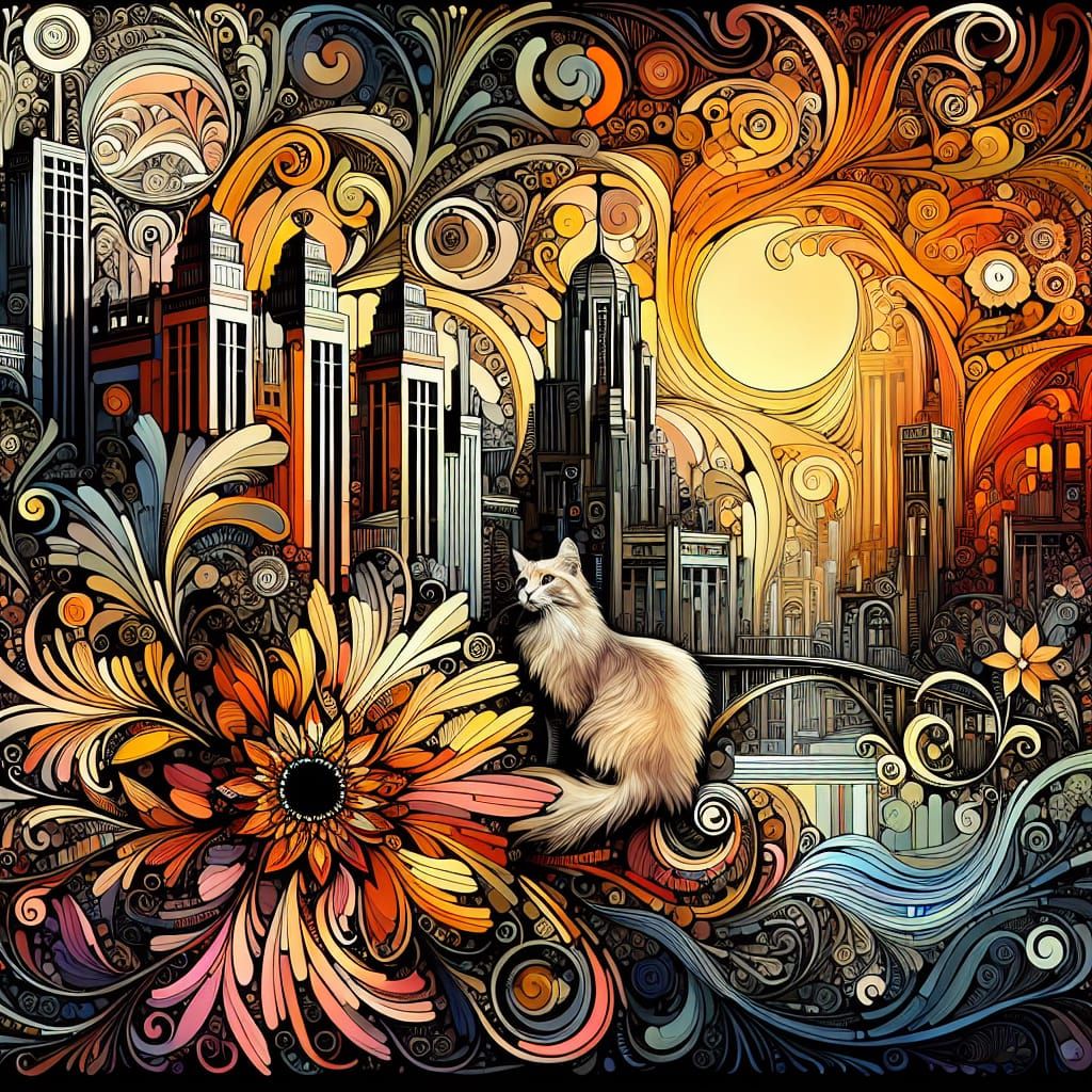 Eclectic Architecture with Cat in Art Nouveau Style
