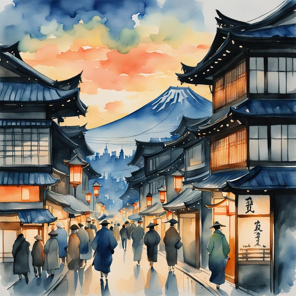 Suruga-cho Cityscape at Dusk: Watercolor Illustration