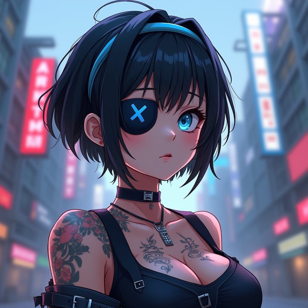 Cyberpunk Anime Girl with Blue X Eyepatch in City
