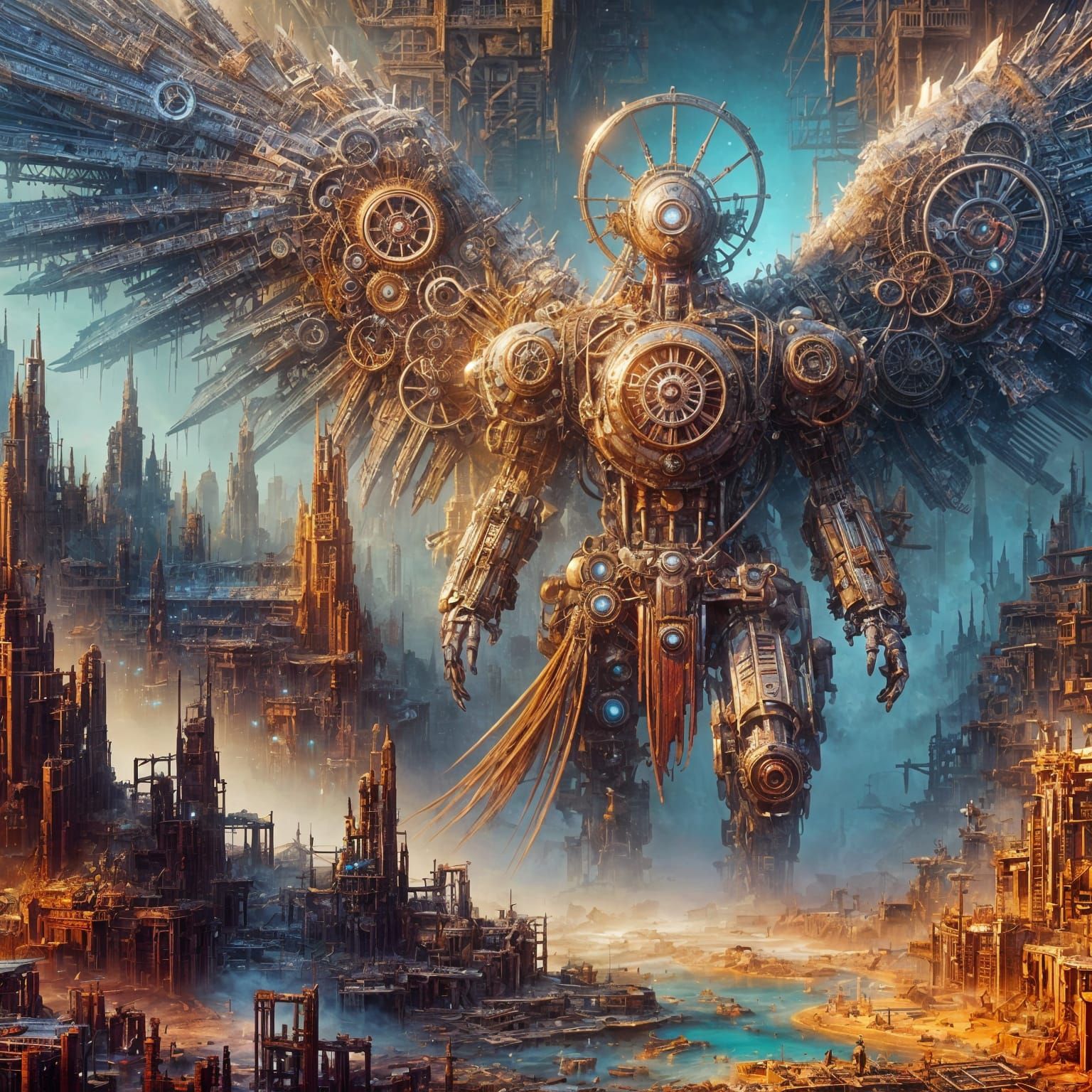 Steampunk Angel in Abandoned City, Matte Painting