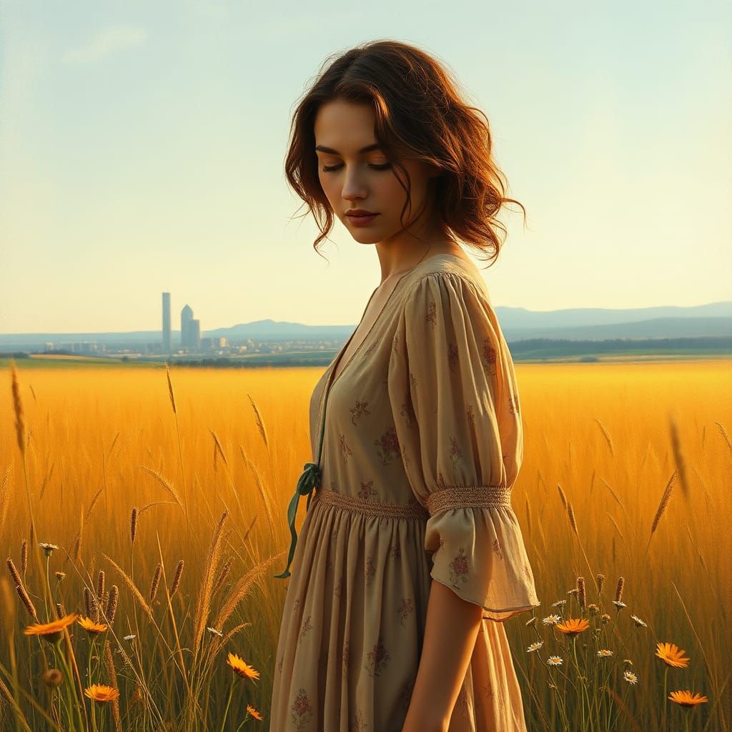 Solitary Woman in Field with Cityscape, Romanticism Style