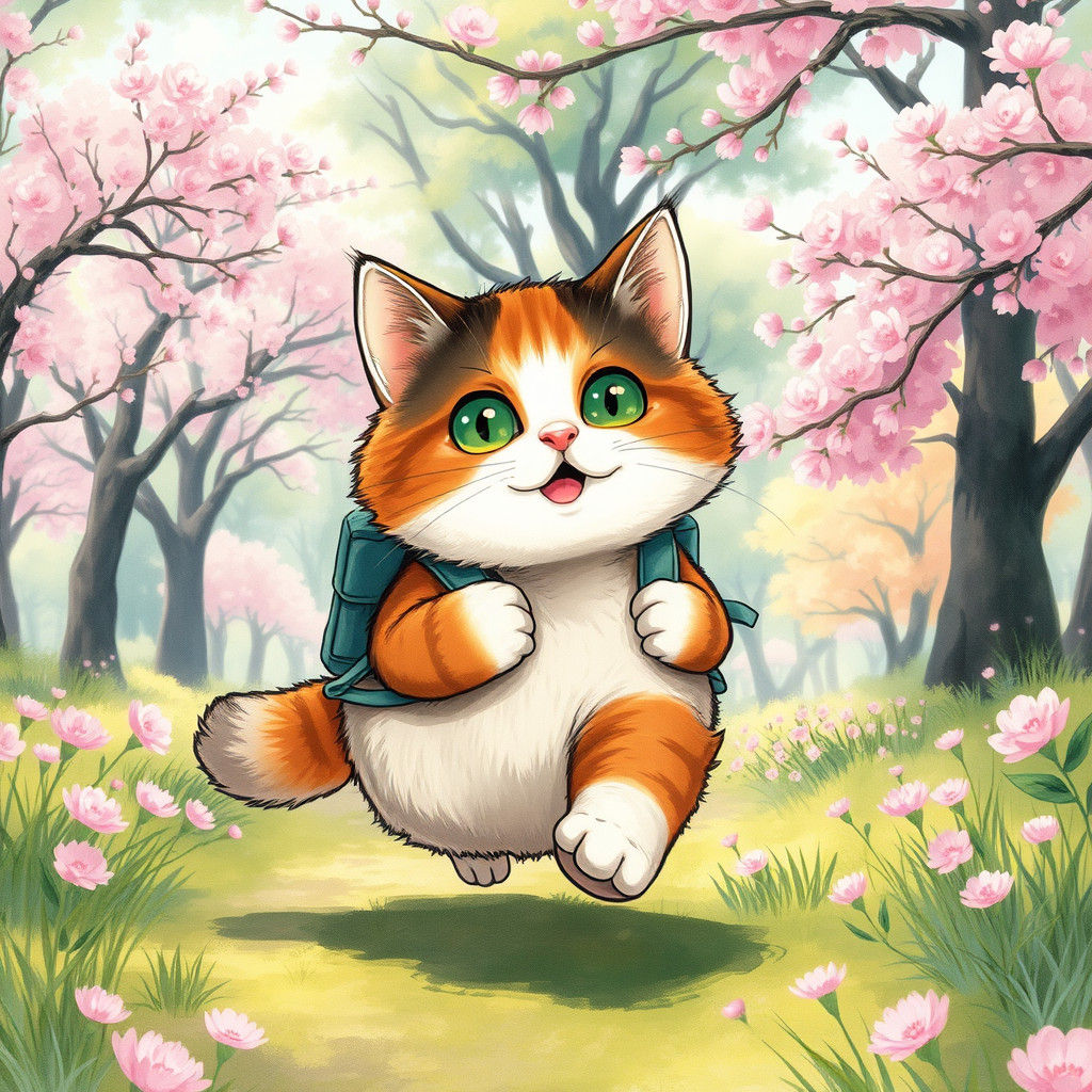 Joyful Torbie Cat Running Through Cherry Blossoms
