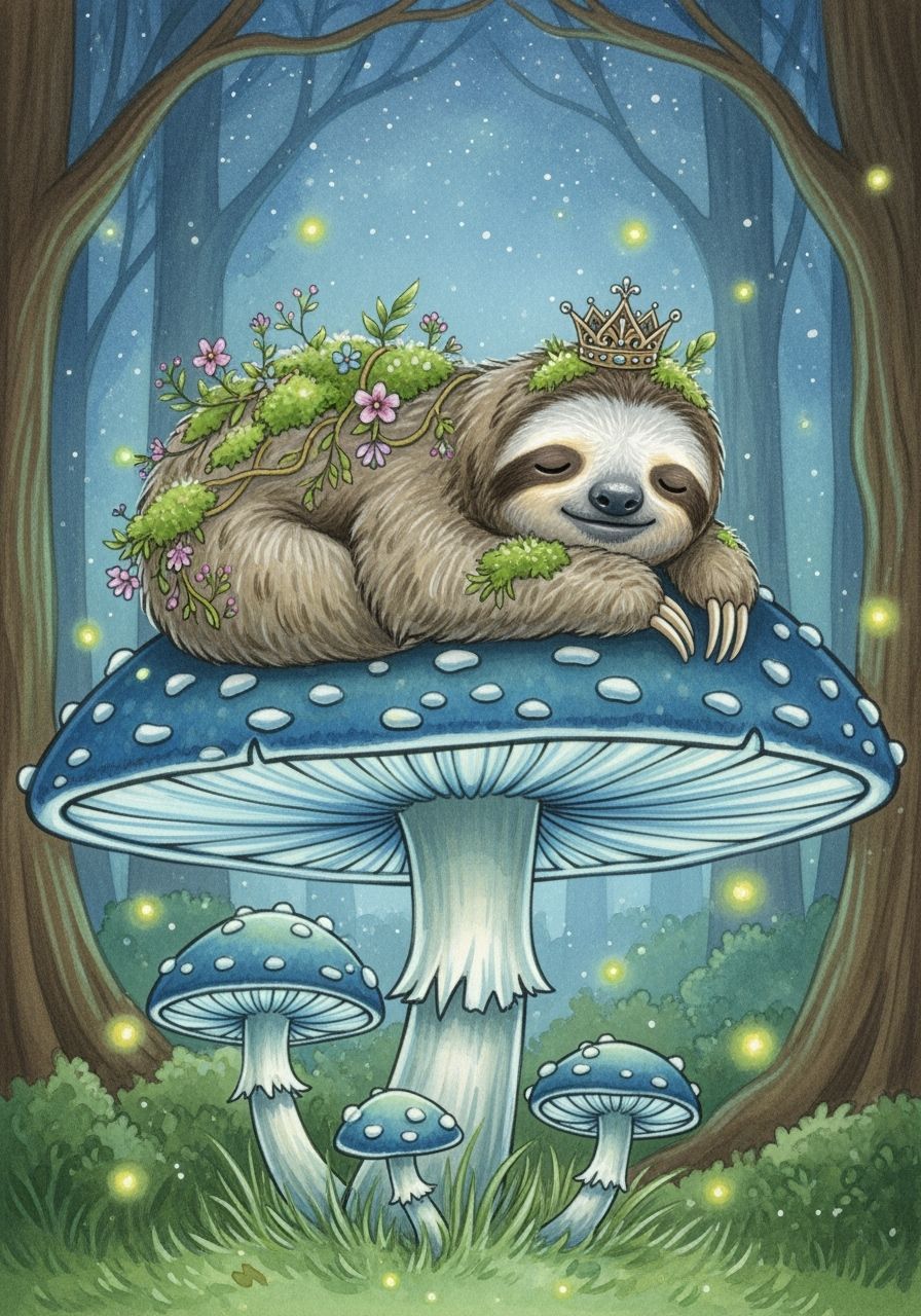 Wise Sloth in Crown on Glowing Mushroom, Enchanted Forest
