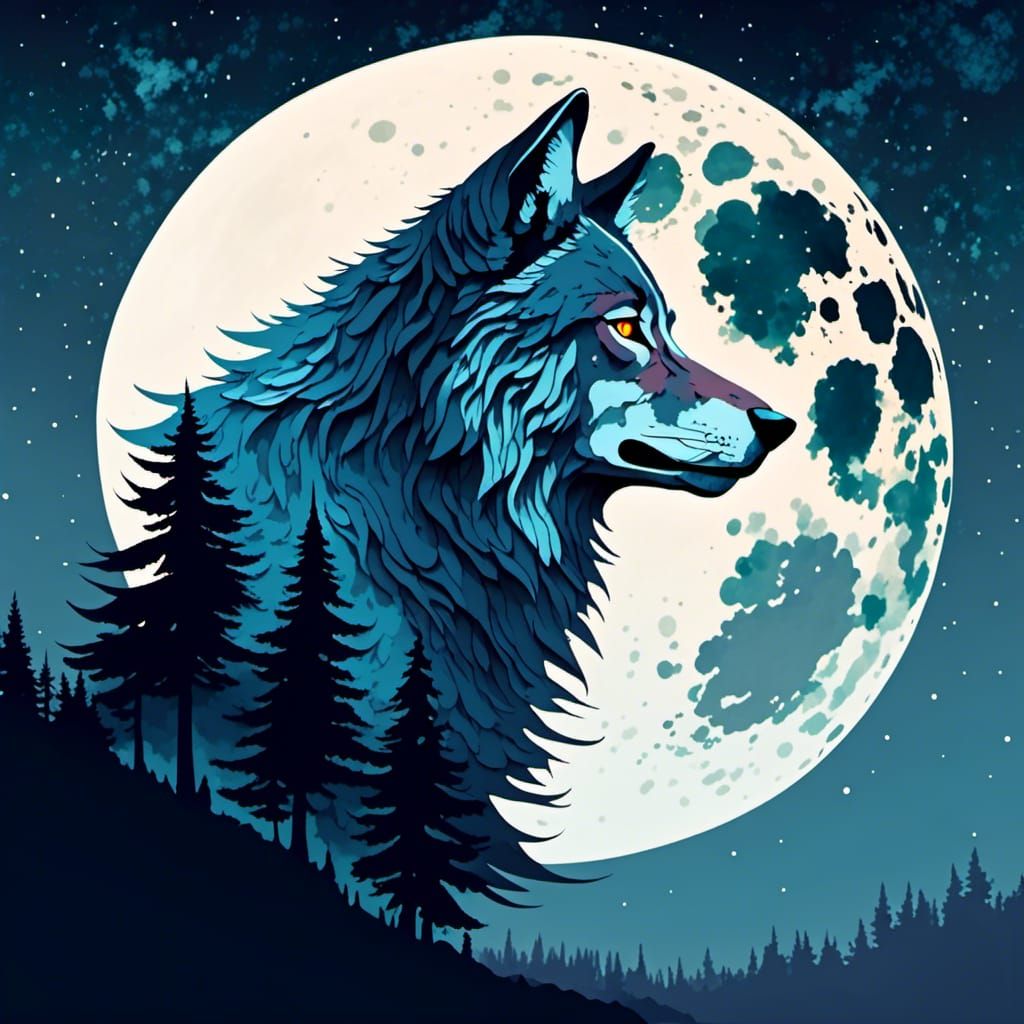 Wolf Profile in Digital Art Style with Full Moon