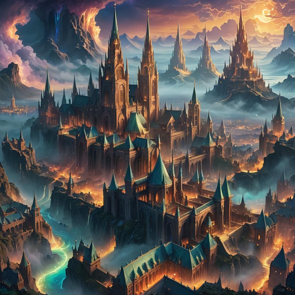Mystical City Amidst Iridescent Auroras: Fantasy Landscape