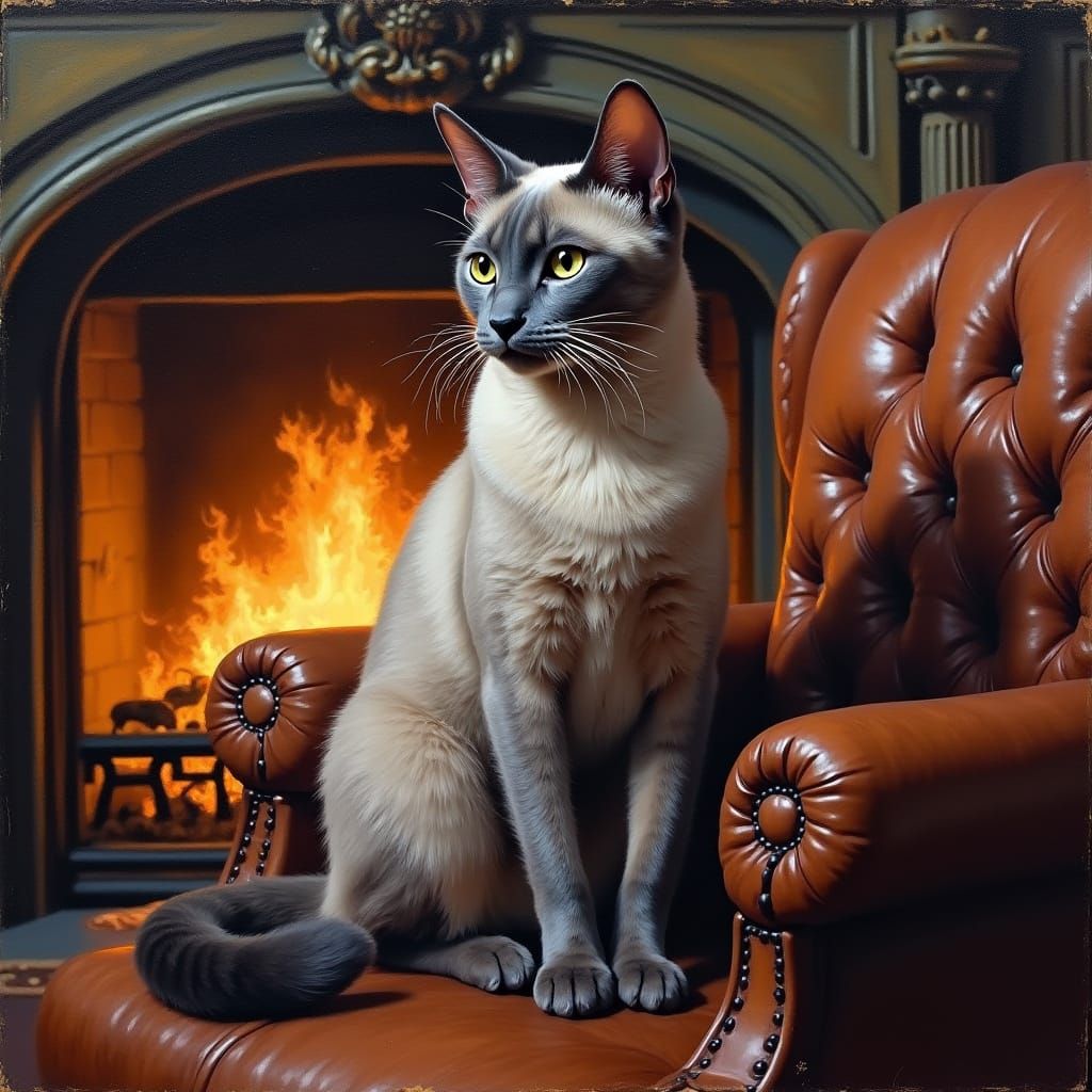 Wise Siamese Cat on Leather Chair by Fireplace