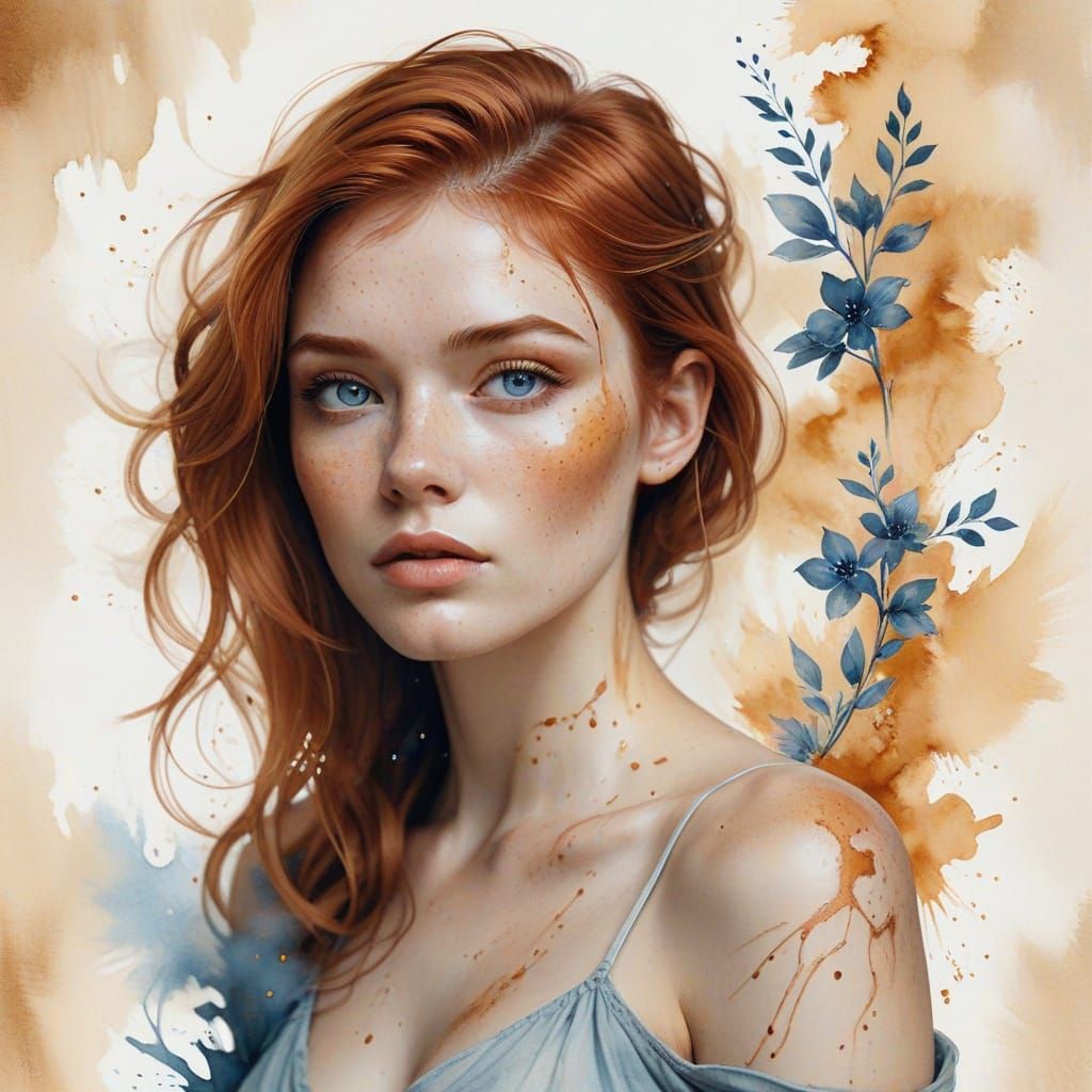 Surreal Watercolor Portrait of a Serene Young Woman