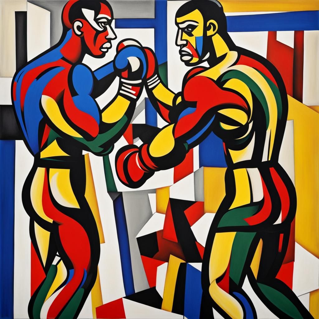 Boxers Face Off in Abstract Cubist Style