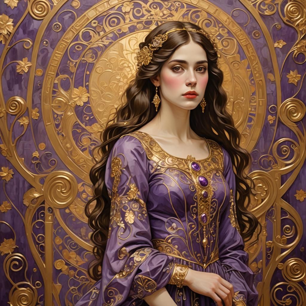 Girl in Purple Dress, Klimt-Inspired Digital Art