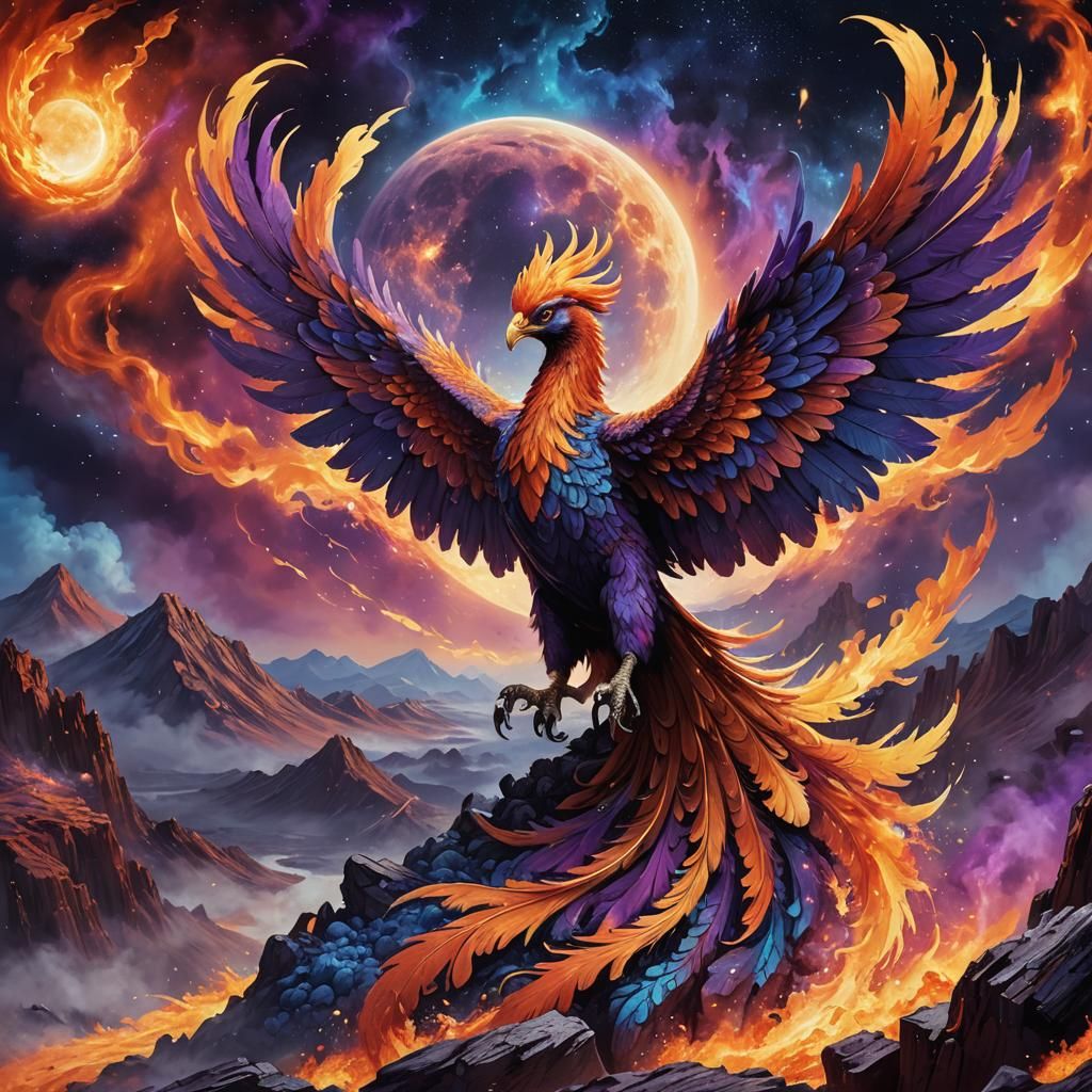 Majestic Phoenix Rising on the Moon in Fantasy Art