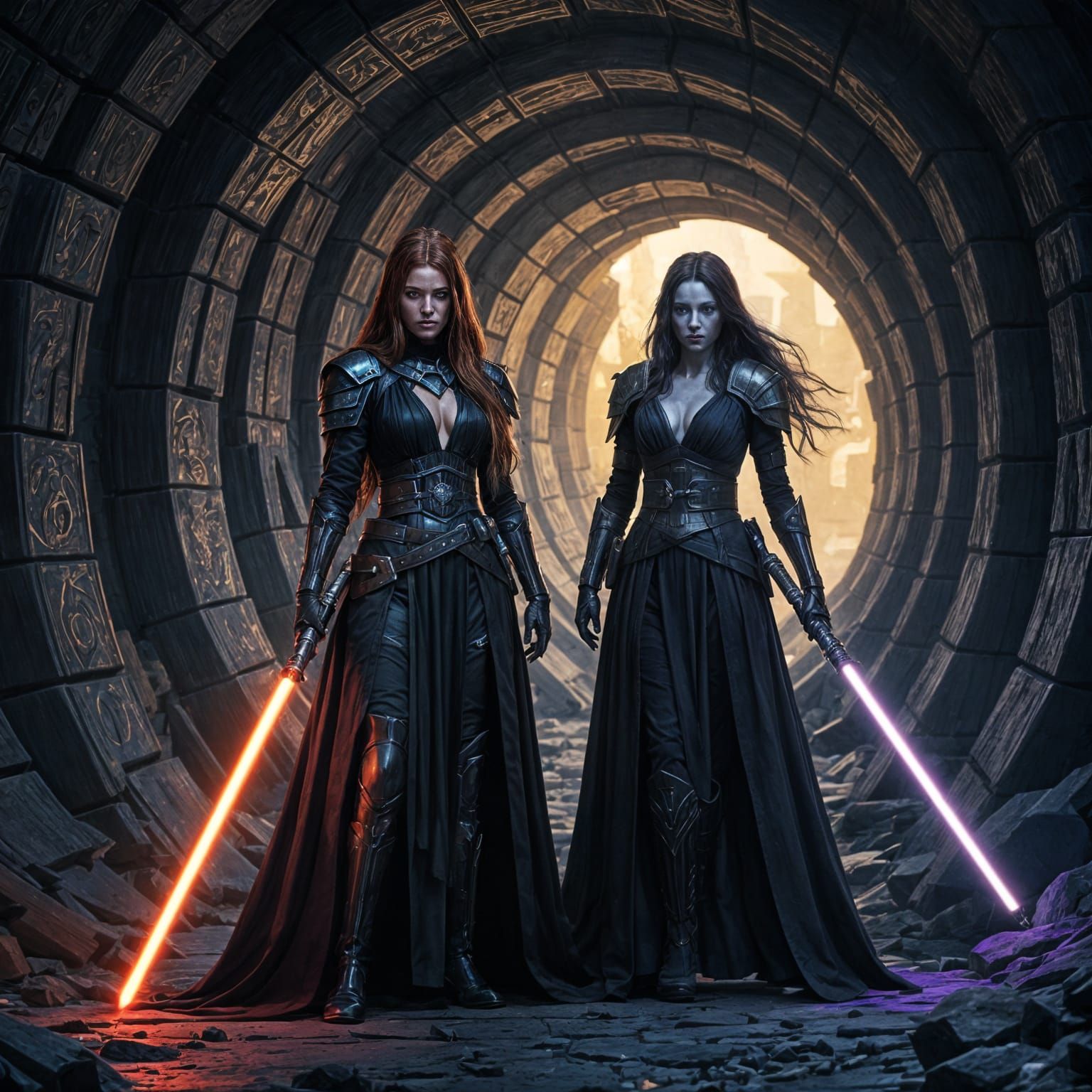 Sith Lord and Jedi Companion in Ancient Tunnel