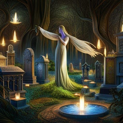 Enchanted Cemetery Scene with Whimsical Ghost in Digital Art