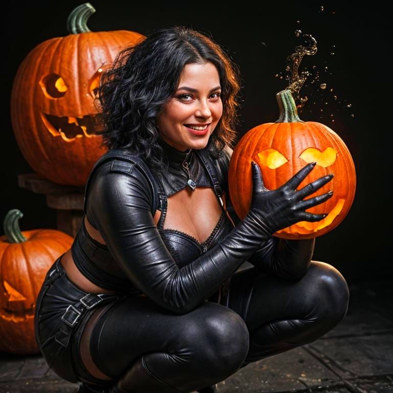 Laughing Chubby Witch on Pumpkin, Detailed Matte Painting