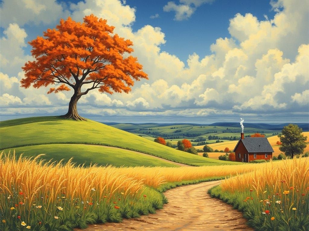 Impressionist Landscape with Majestic Orange Tree and Rustic...