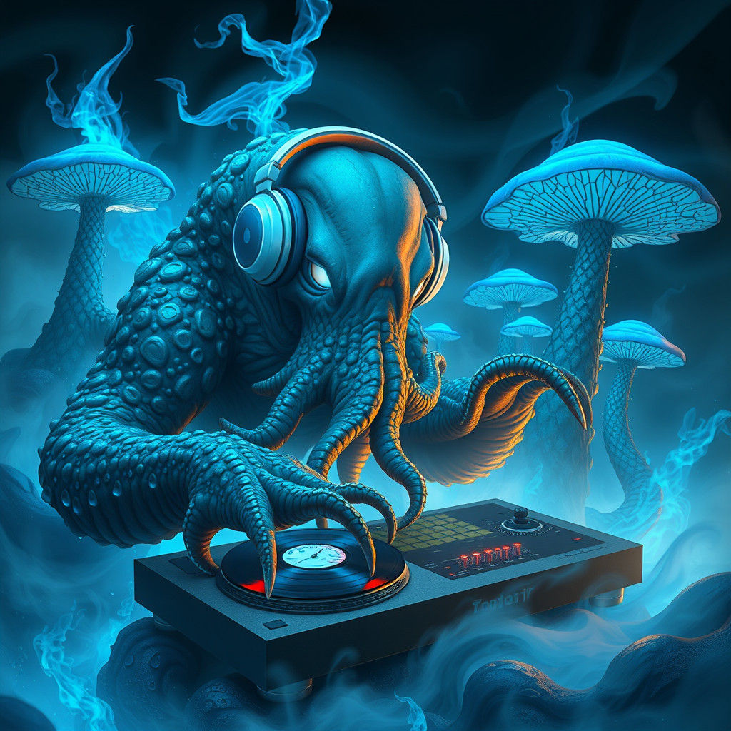 Kraken DJ Mixing Vinyls in a Sci-Fi Style