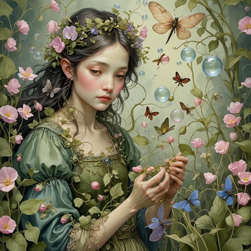 Fairy Tending Garden with Dragonflies, Digital Illustration