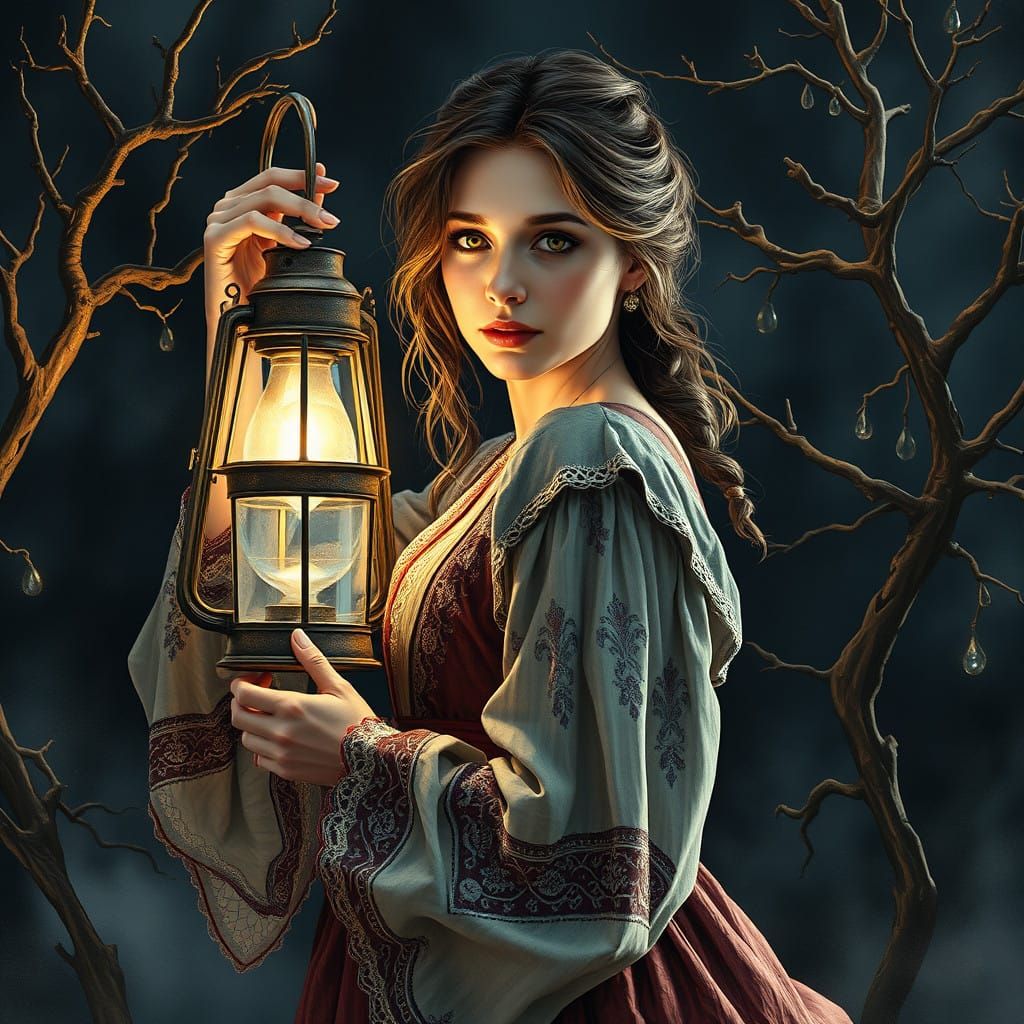 Caucasian Woman in Twilight Landscape, Watercolor-Inspired P...