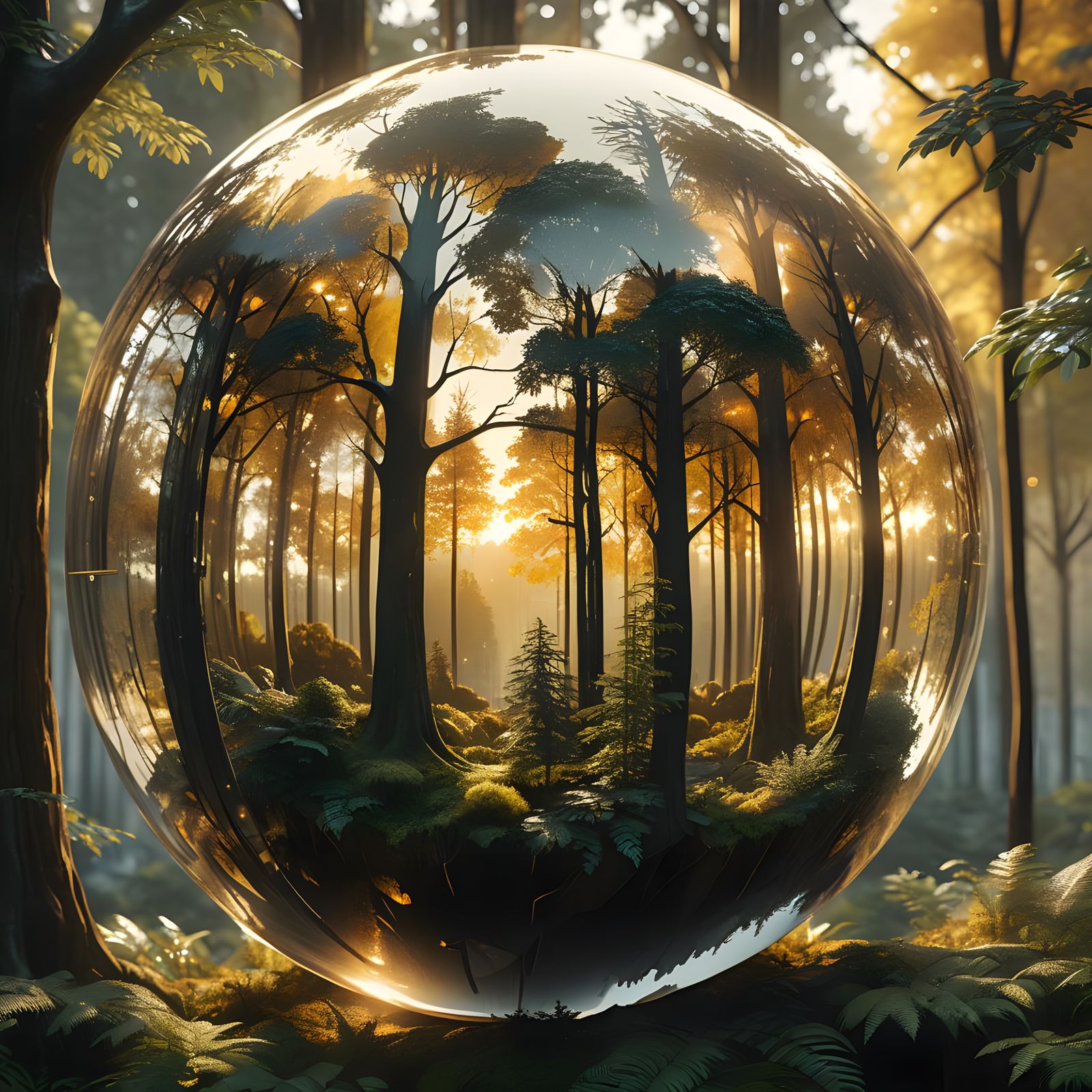 Cityscape Within a Glass Sphere, Surrounded by a Dense Fores...