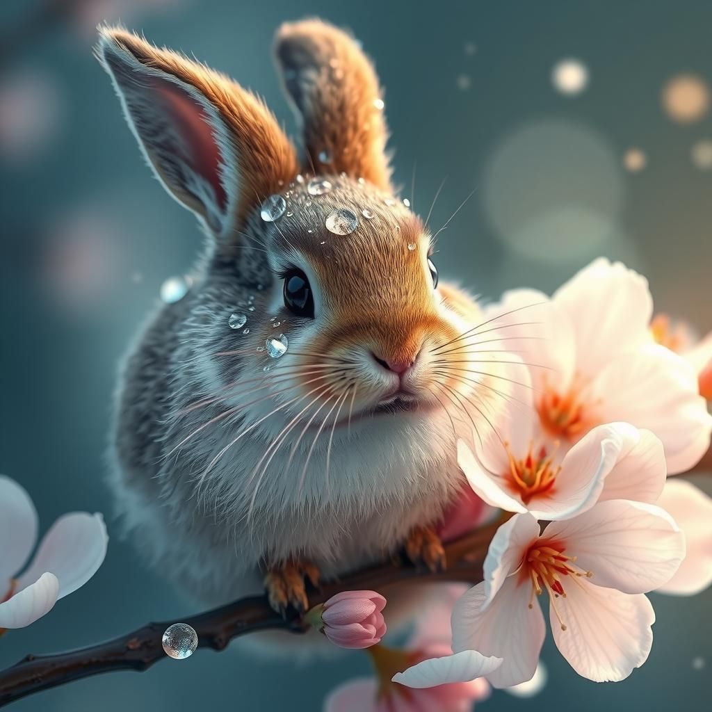 Dew-Kissed Bunny Among Cherry Blossoms