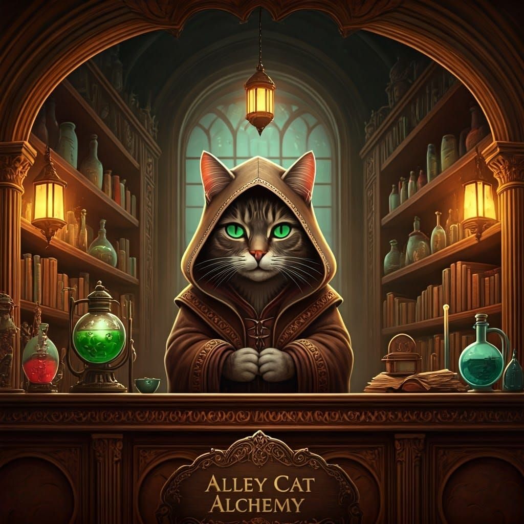 Cat Alchemist in Mystical Shop, Cinematic Style