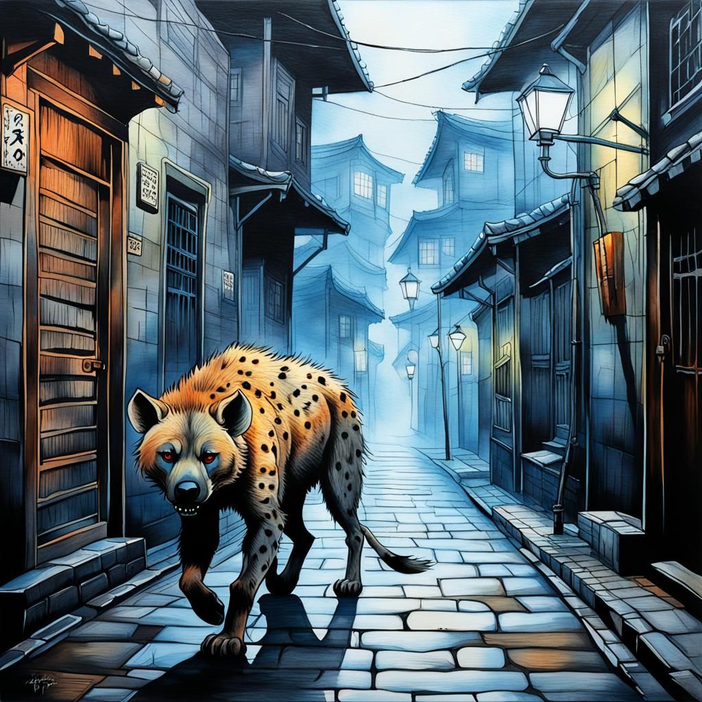 3D Hyena in Foggy Alleyway with Dynamic Lighting