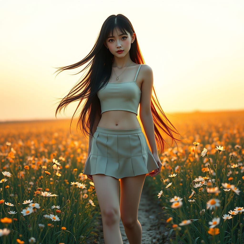 Japanese Woman in Wildflower Field at Dawn