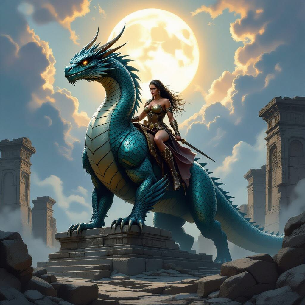 Dragon Rider Warrior on Ancient Ruins