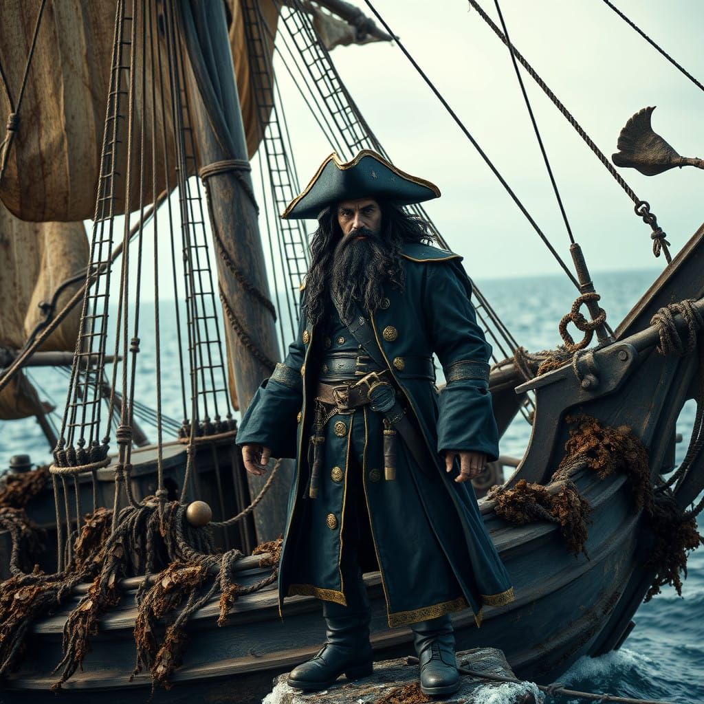 Weathered Pirate Ship Dominates the Scene with Blackbeard at...