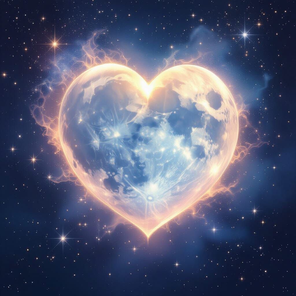 Heart-Shaped Moon Radiates Ethereal Glow in Starry Sky