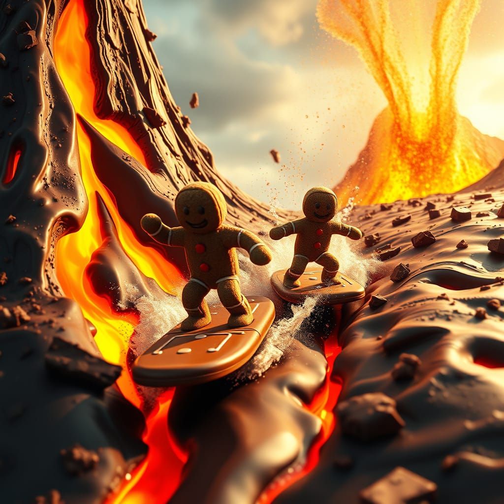 Gingerbread Heroes Ride Chocolate Surfboards Down Lava Flow
