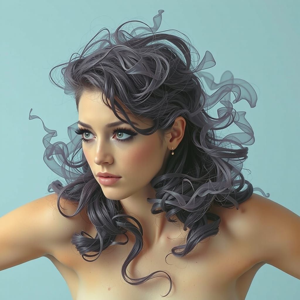 Dreamlike Woman Floating in Swirling Mists