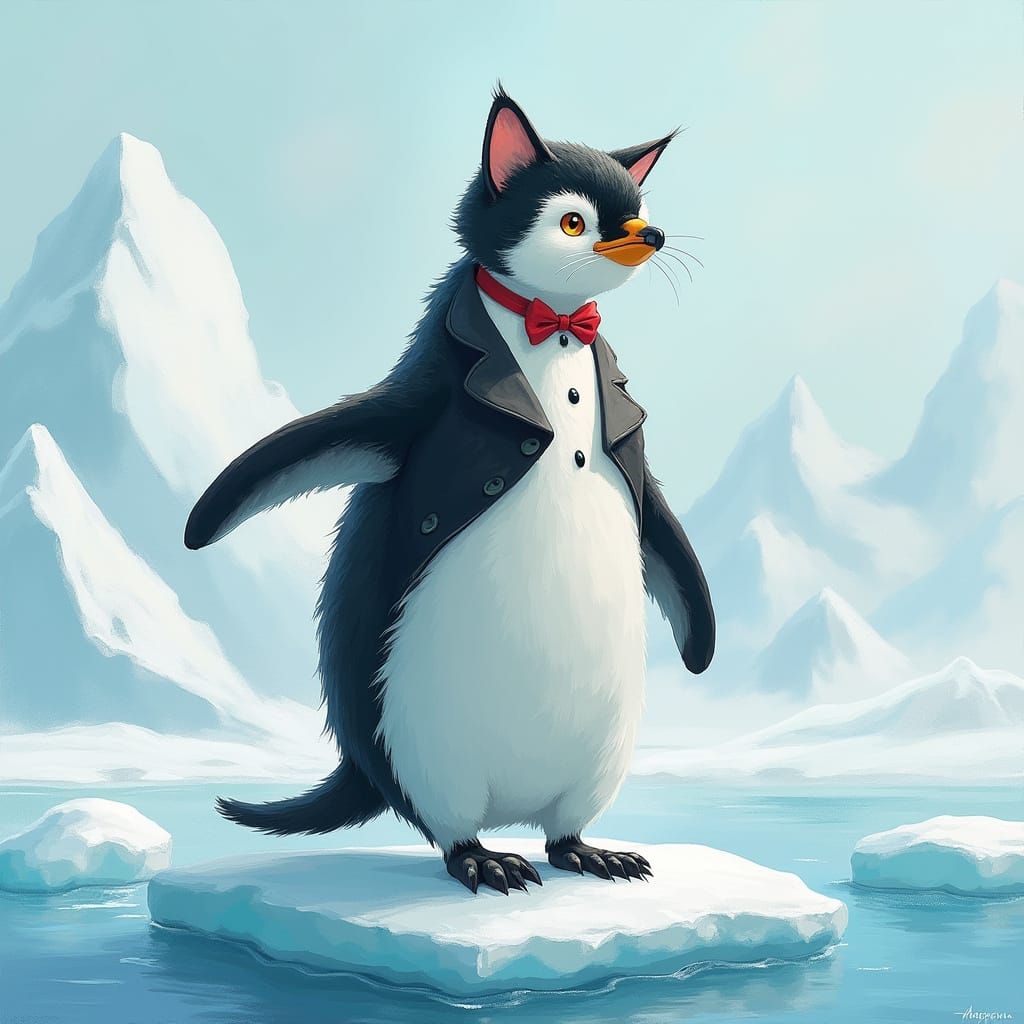 Whimsical Penguin Cat Hybrid in Antarctic Landscape
