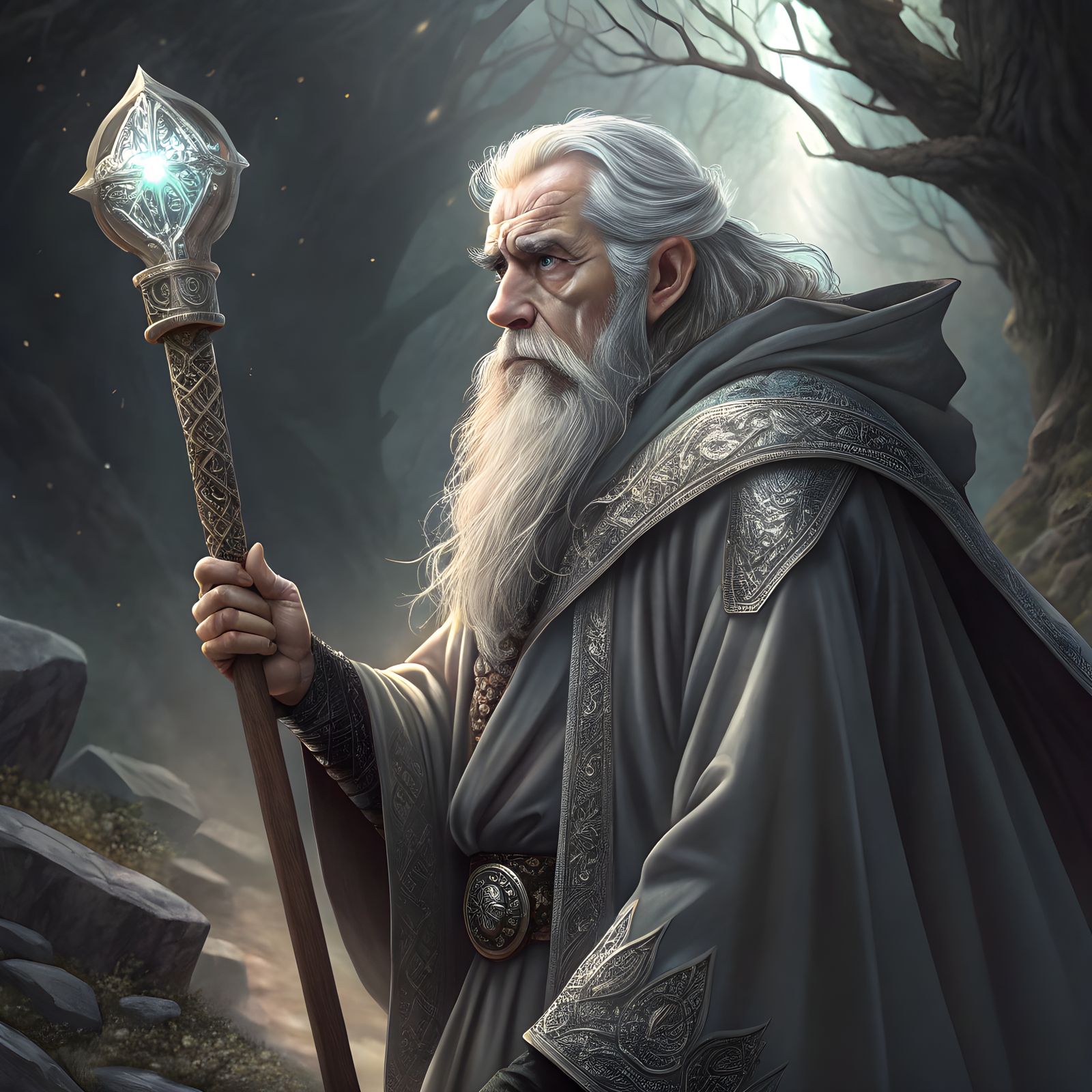 Mystical Old Wizard with Gemstone Staff
