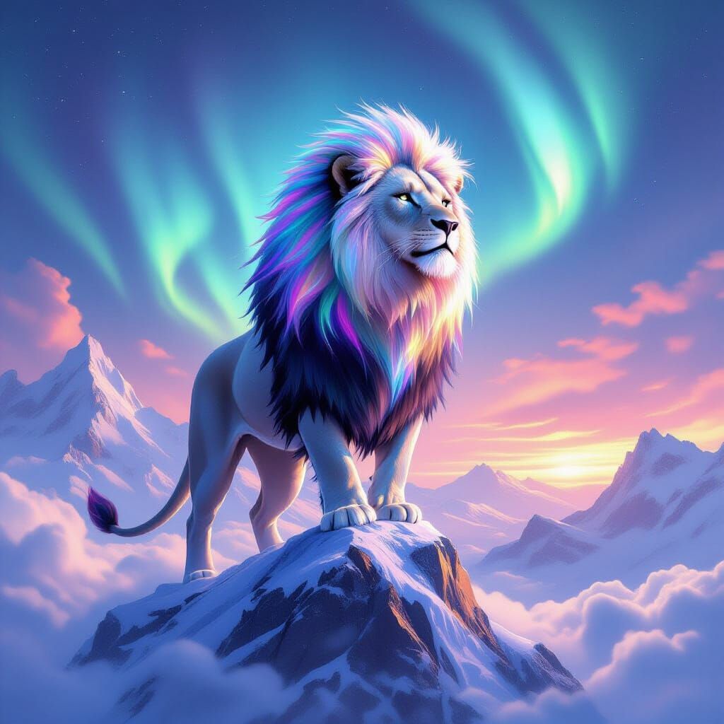 Lion with Aurora Mane on Crystal Peak in Fantasy Art Style