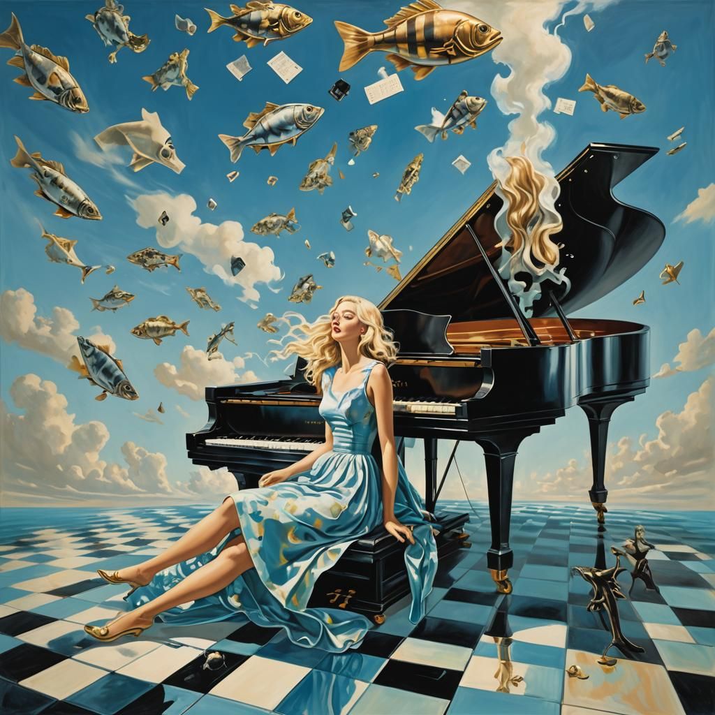 Surreal Blond Girl with Piano in Dreamlike Sky