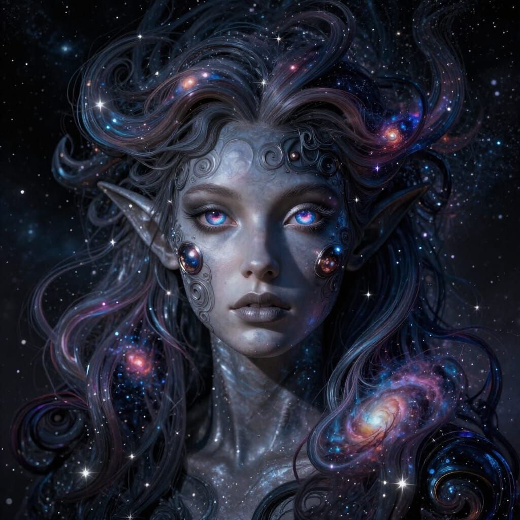 Galactic Elf Woman Portrait with Obsidian Skin